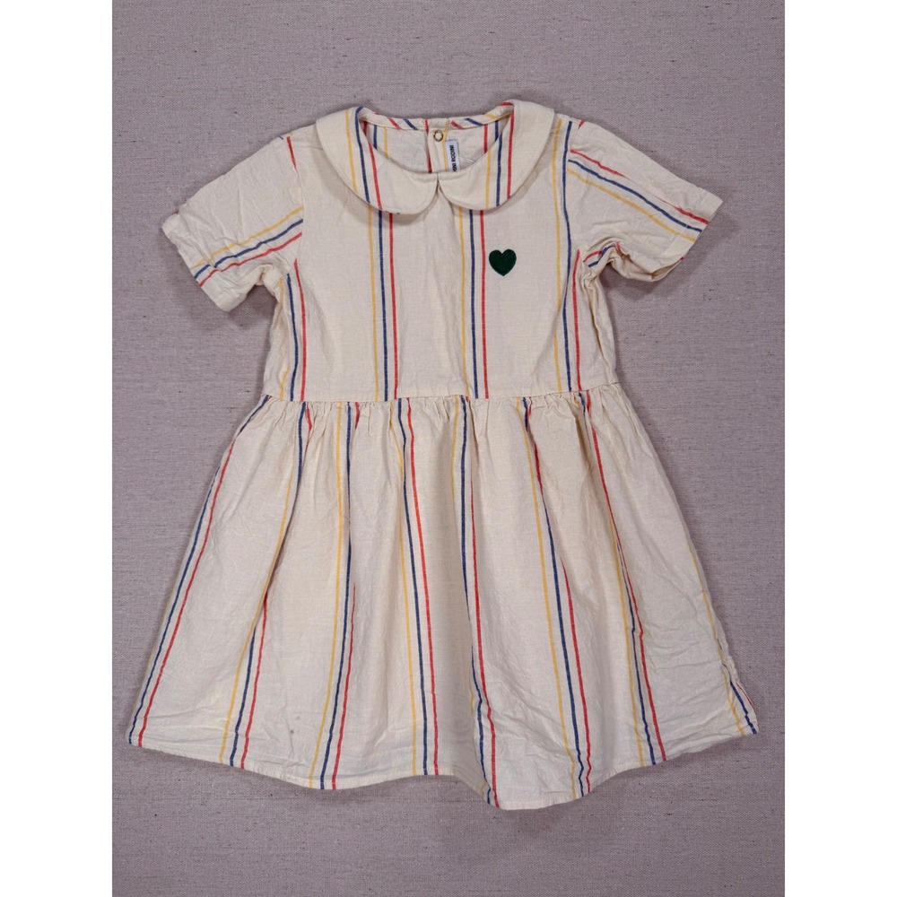 Mini Rodini Girls Striped Peter Pan Collar Dress Cream Red Blue Heart 3-5 Years